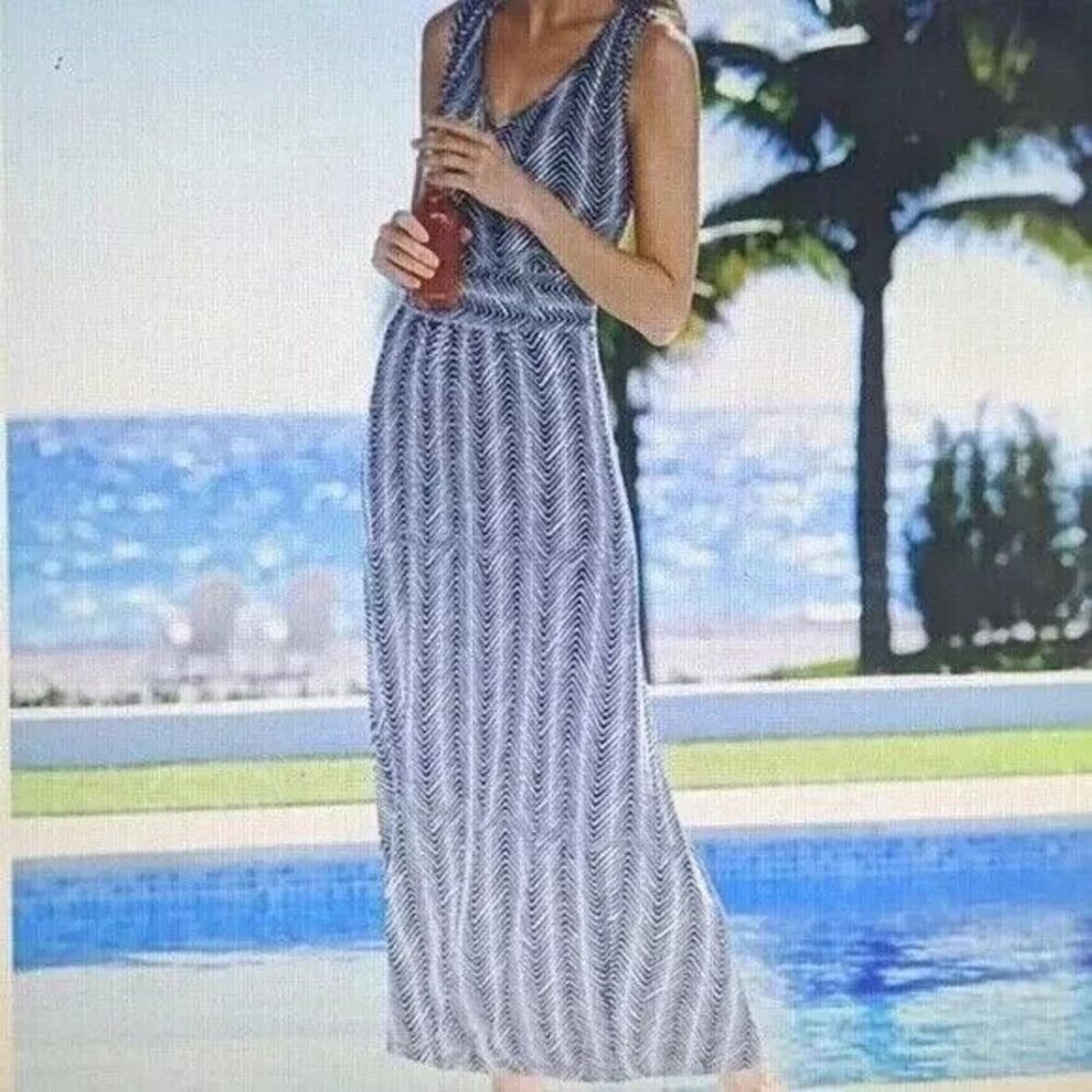 Talbots Woman Casual Navy Chevron Print Knit Maxi Dress Size 1X Resort Beachy